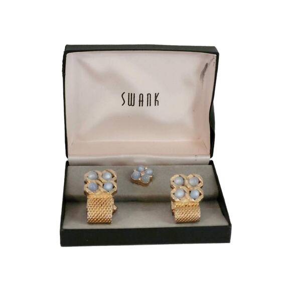 Vintage Swank Blue Moonstone Mesh Gold Tone Cufflink Set, NEW OLD STOCK - Picture 1 of 9